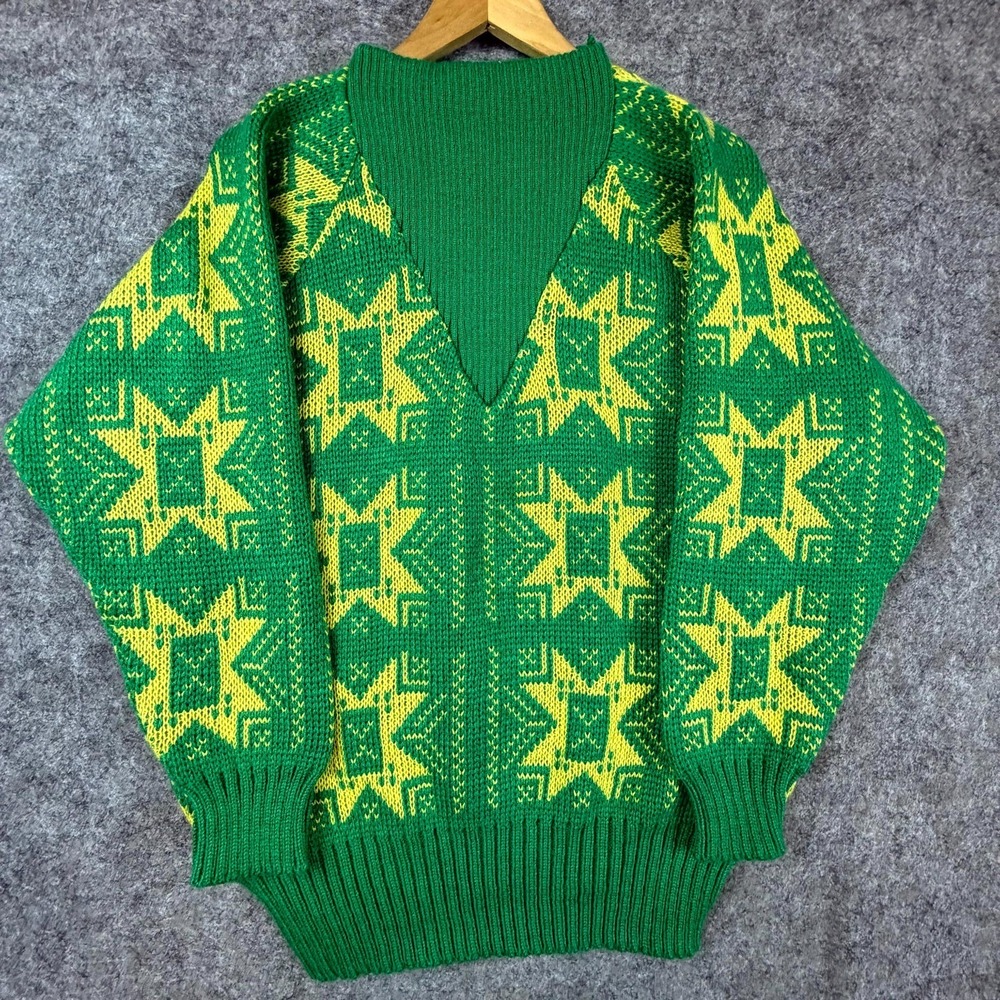 Vintage Bla Bla Italia Sweater Womens XL Green Yellow Aztec Starburst Knit Retro